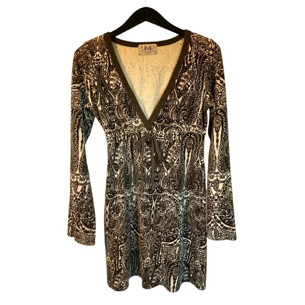 Y2K Juicy Couture Paisley Velour Olive & Tan Umpire Waist Drawstring Dress M - Picture 1 of 11